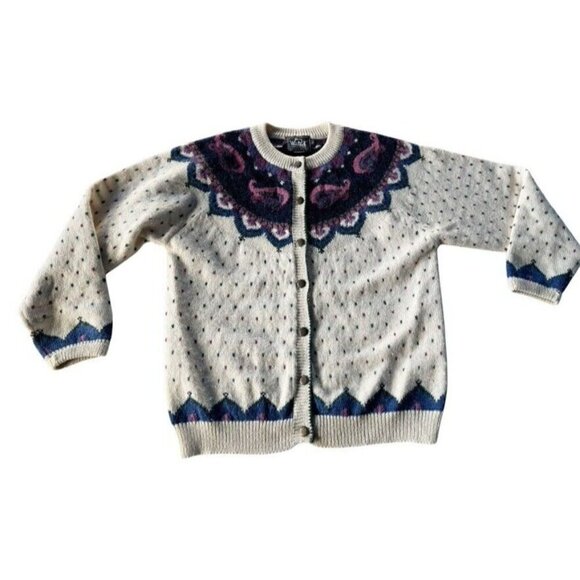 Vintage Woolrich Woman's Sz L Cream Blue Paisley Wool Blend Button Cardigan - Picture 11 of 11